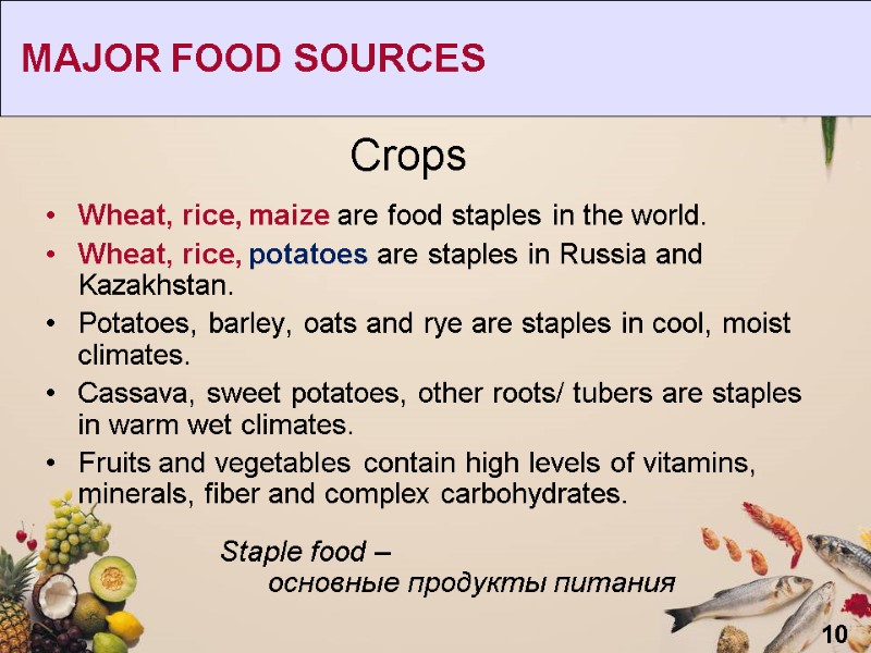 10  MAJOR FOOD SOURCES Wheat, rice, maize are food staples in the world.